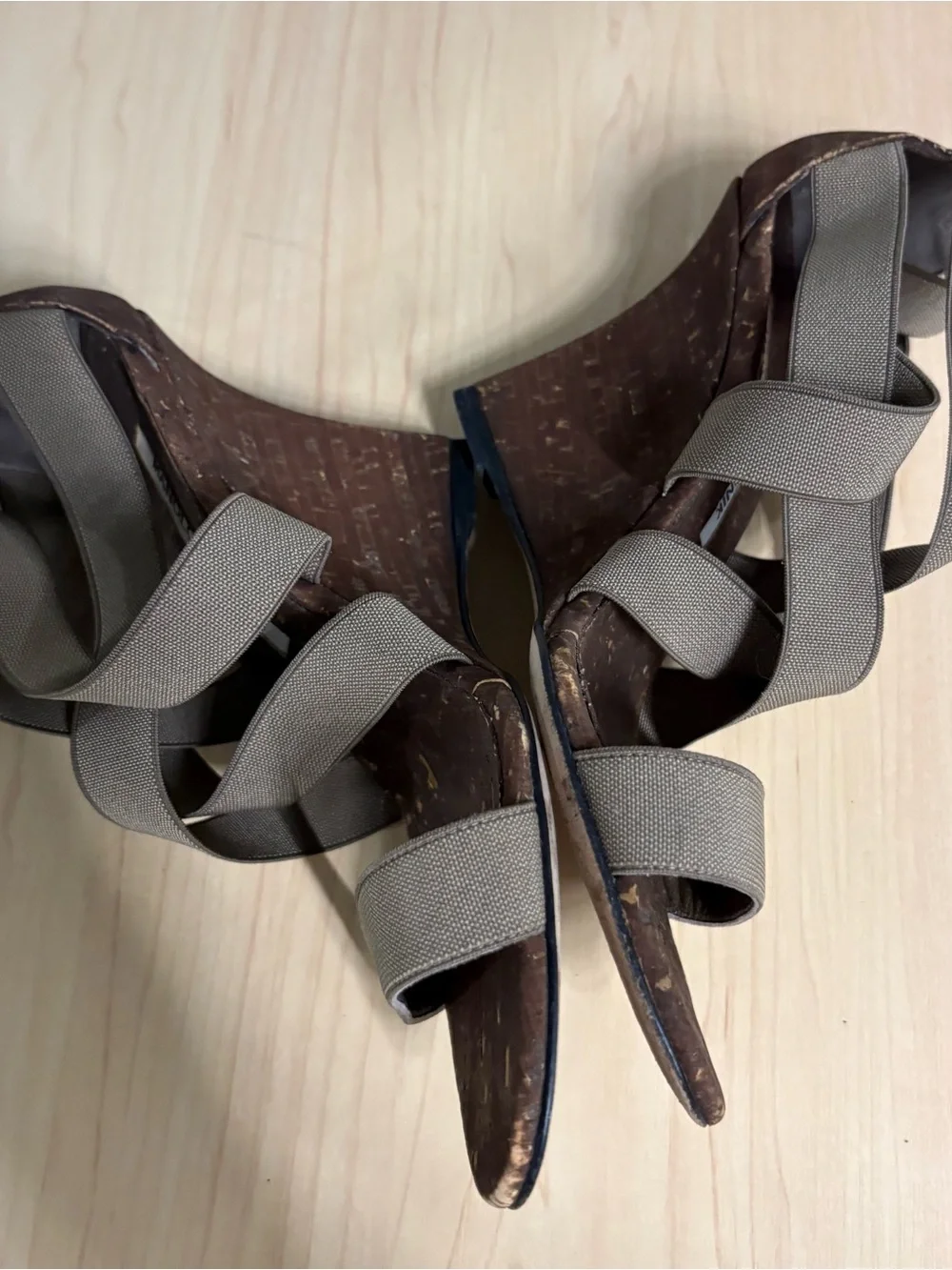 Manolo Blahnik Taupe Elastic Strappy Cork Wedge Heels